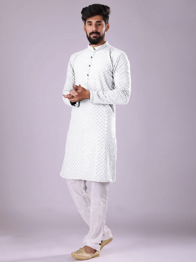 White Rayon Kurta Pajama with Chikankari & Sequins Work