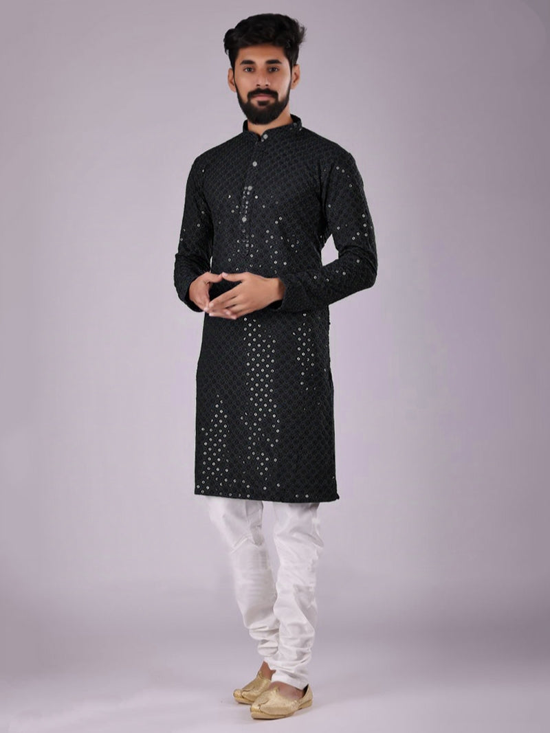 Black Rayon Kurta Pajama with Chikankari & Sequins Work