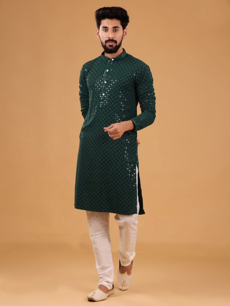 Green Rayon Kurta Pajama with Chikankari & Sequins Work