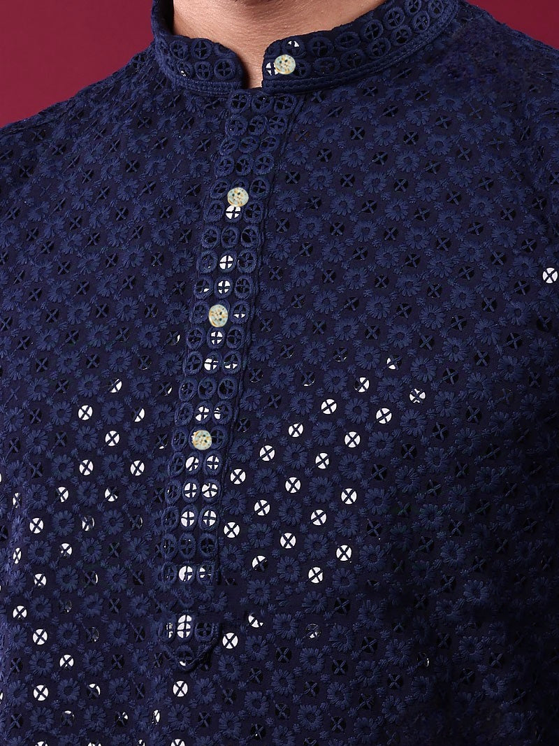 Navy Blue Rayon Kurta Pajama with Chikankari & Sequins Work