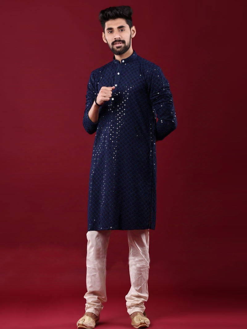 Navy Blue Rayon Kurta Pajama with Chikankari & Sequins Work