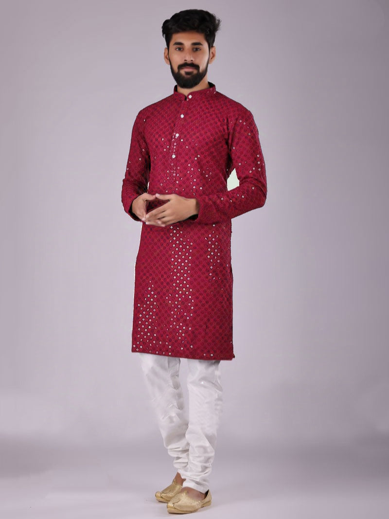 Maroon Rayon Kurta Pajama with Chikankari & Sequins Work