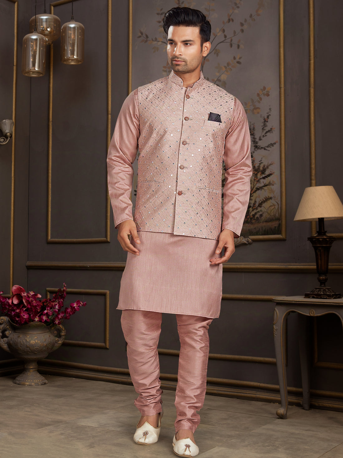 Pink Silk Kurta Pajama with Mirror Embellished Jacket