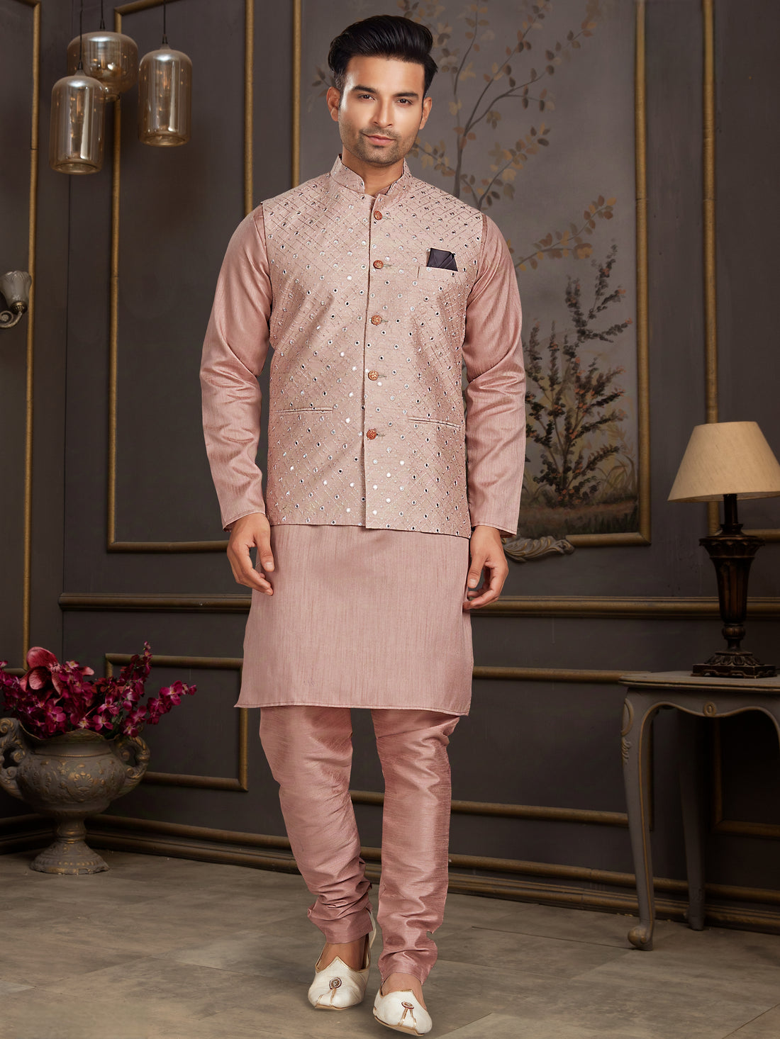 Pink Silk Kurta Pajama with Mirror Embellished Jacket