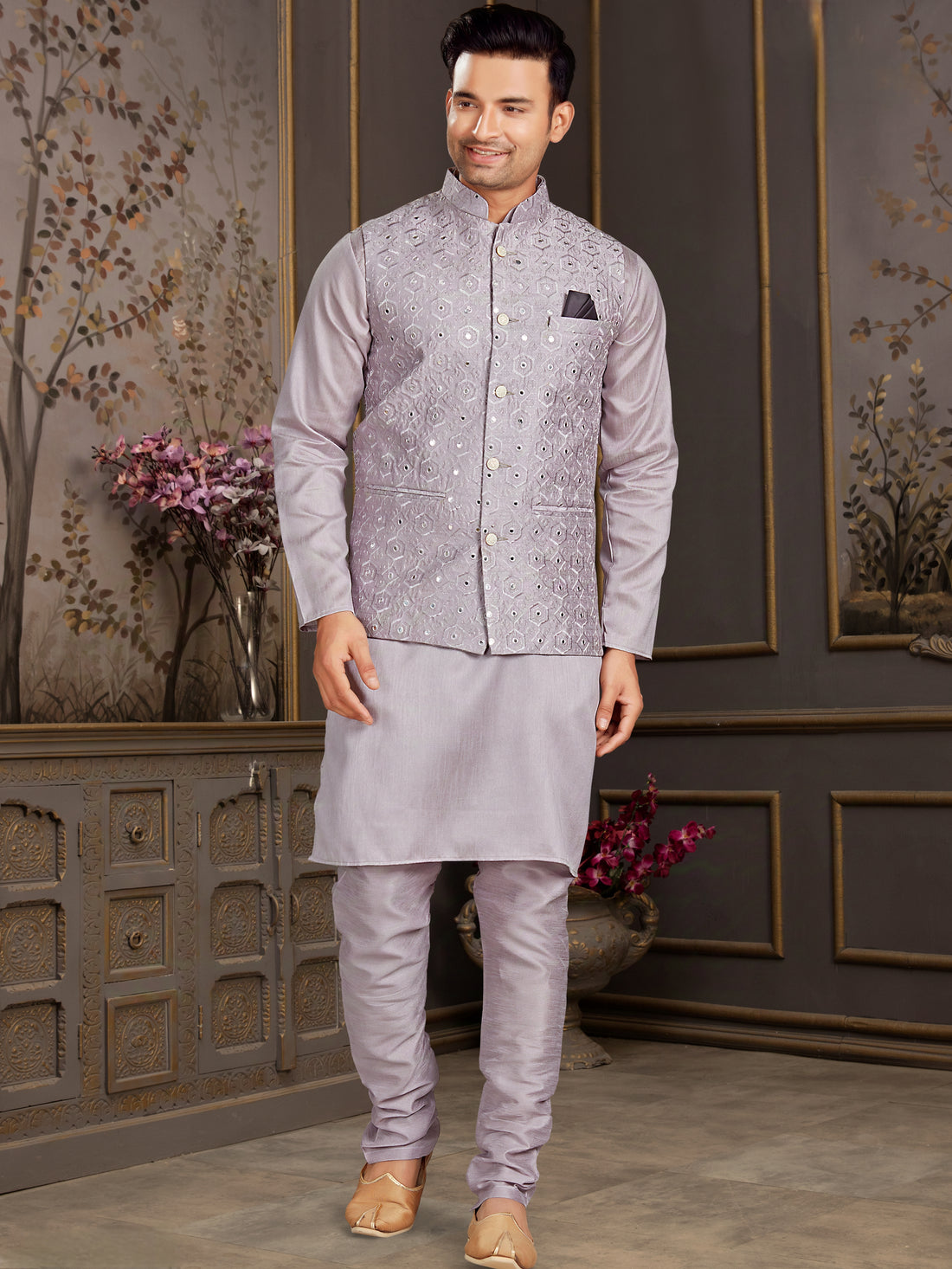 Grey Silk Kurta Pajama with Mirror Work Jacket