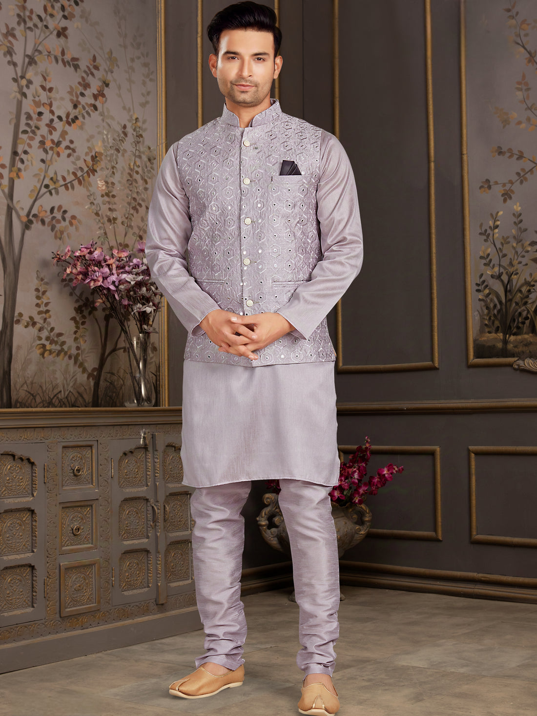 Grey Silk Kurta Pajama with Mirror Work Jacket