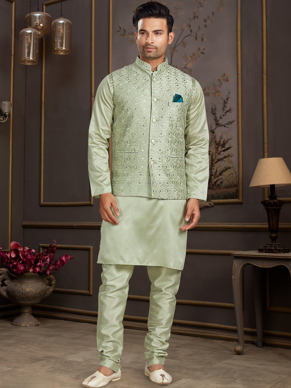 Green Silk Kurta Pajama with Embroidered Mirror Work Jacket