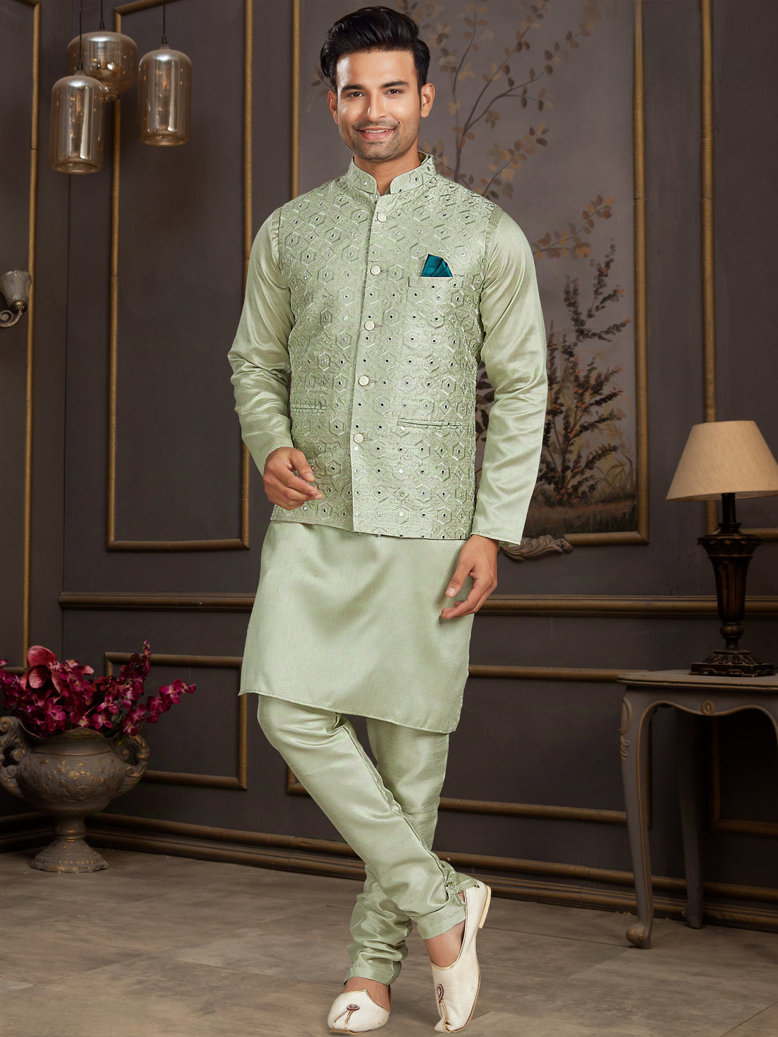 Green Silk Kurta Pajama with Embroidered Mirror Work Jacket