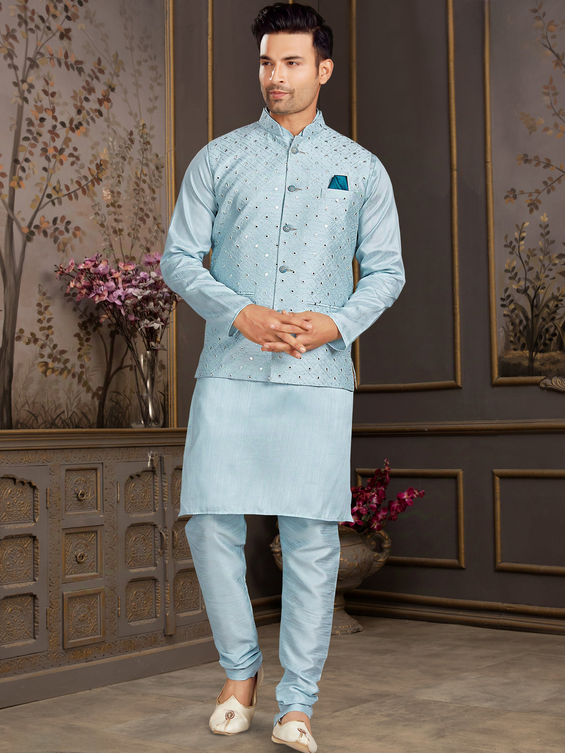 Sky Blue Silk Kurta Pajama with Mirror Embroidered Jacket