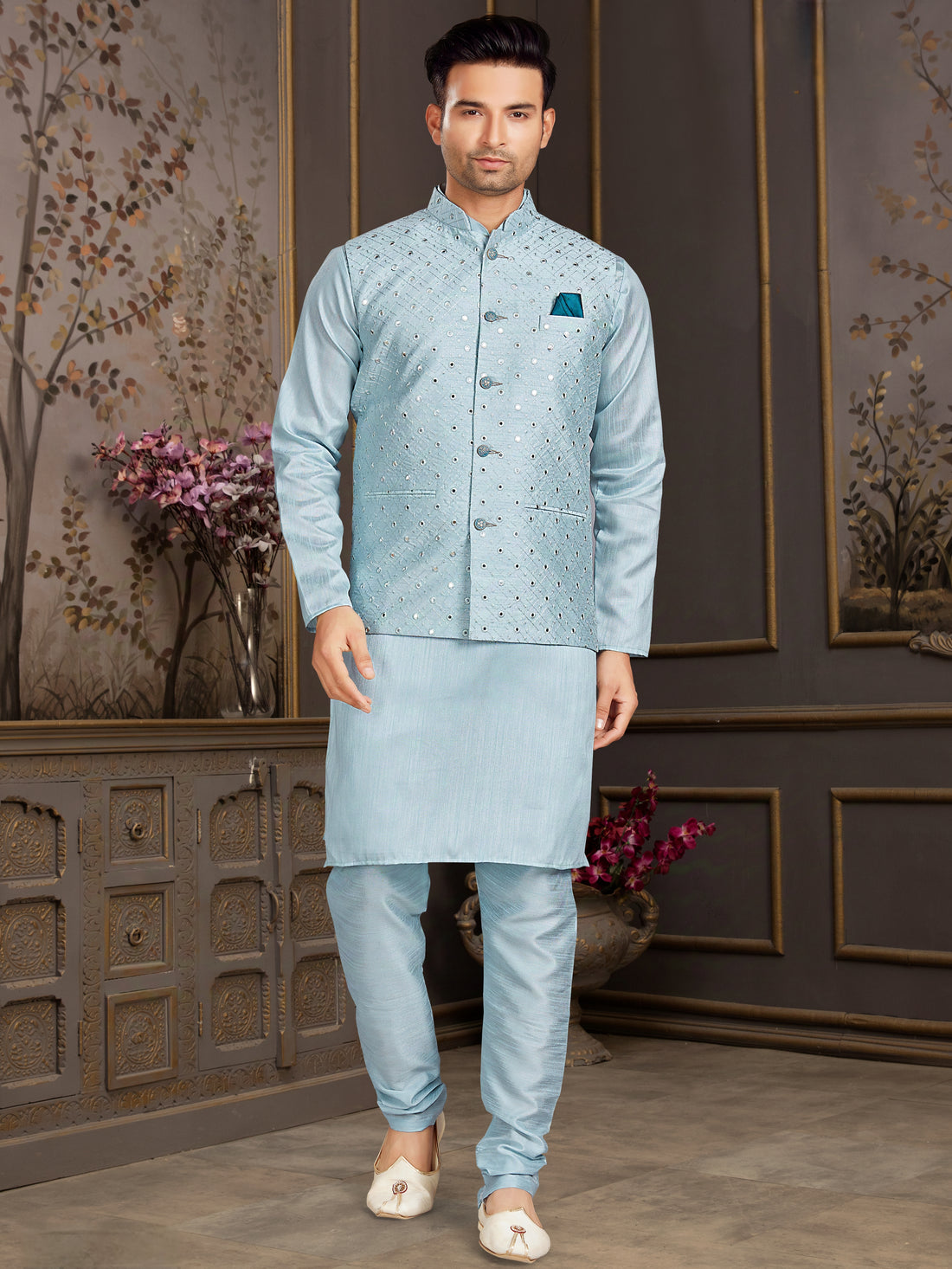 Sky Blue Silk Kurta Pajama with Mirror Embroidered Jacket