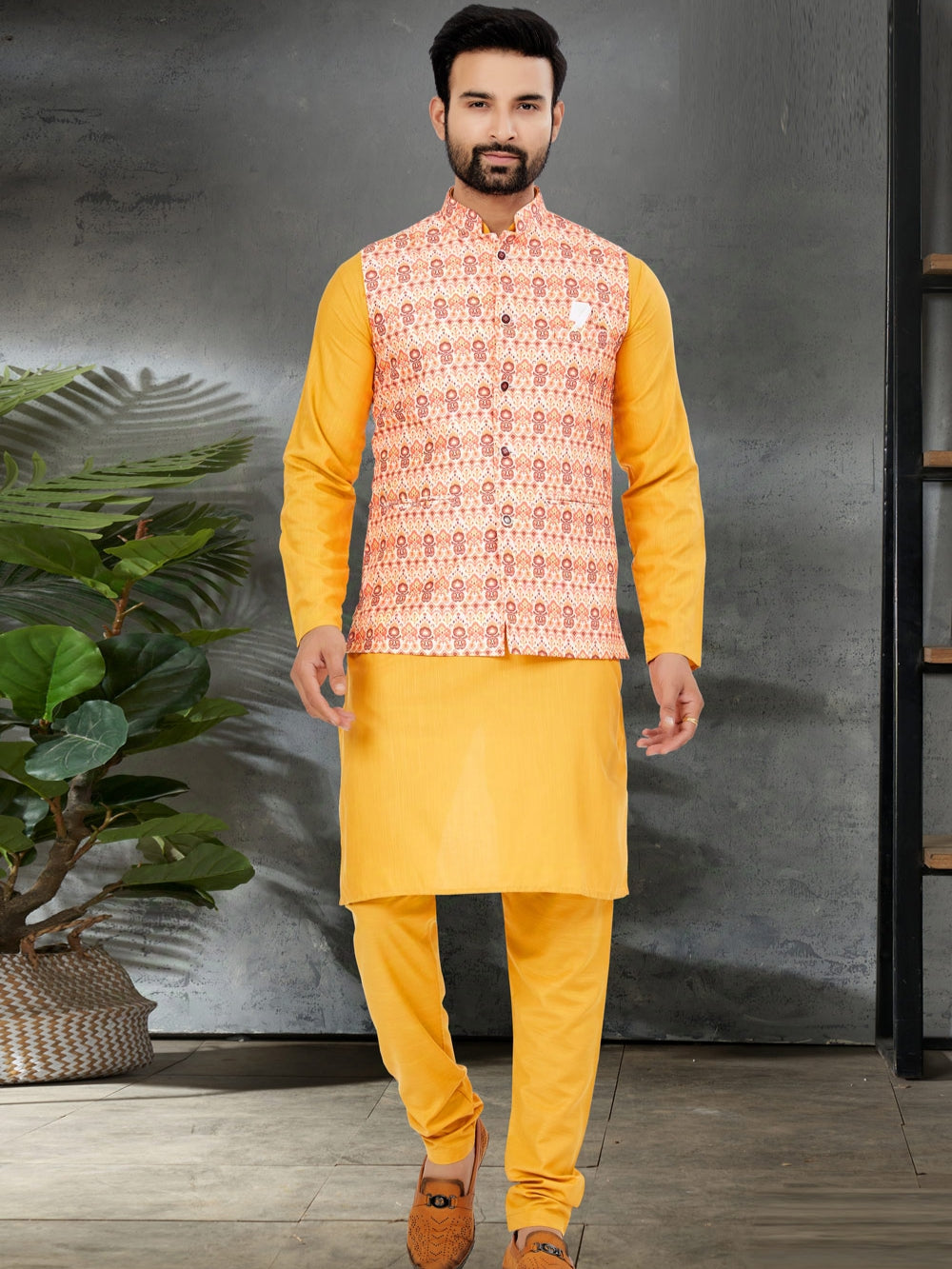 Yellow Kurta Pajama with Silk Digital Printed Nehru Jacket