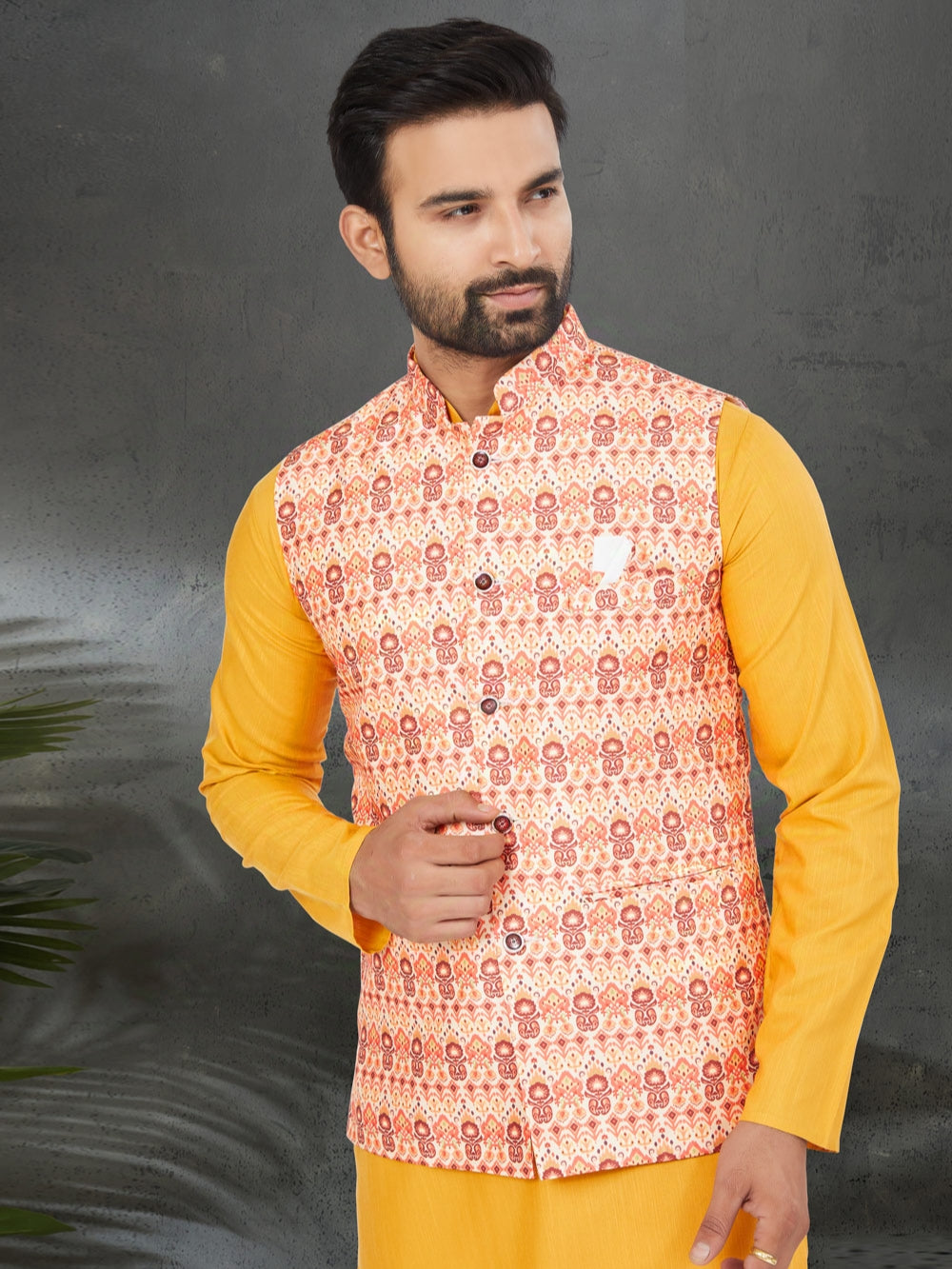 Yellow Kurta Pajama with Silk Digital Printed Nehru Jacket