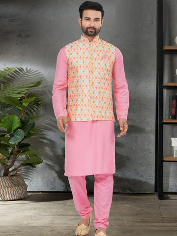 Pink Cotton Kurta Pajama Set with Multicolor Digital Print Silk Jacket