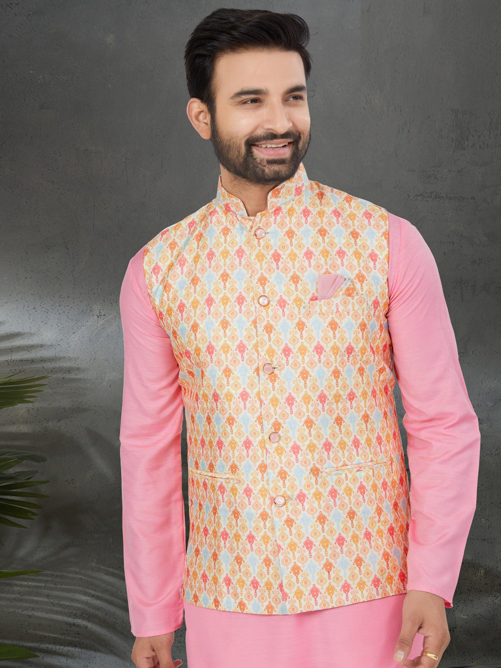 Pink Cotton Kurta Pajama Set with Multicolor Digital Print Silk Jacket