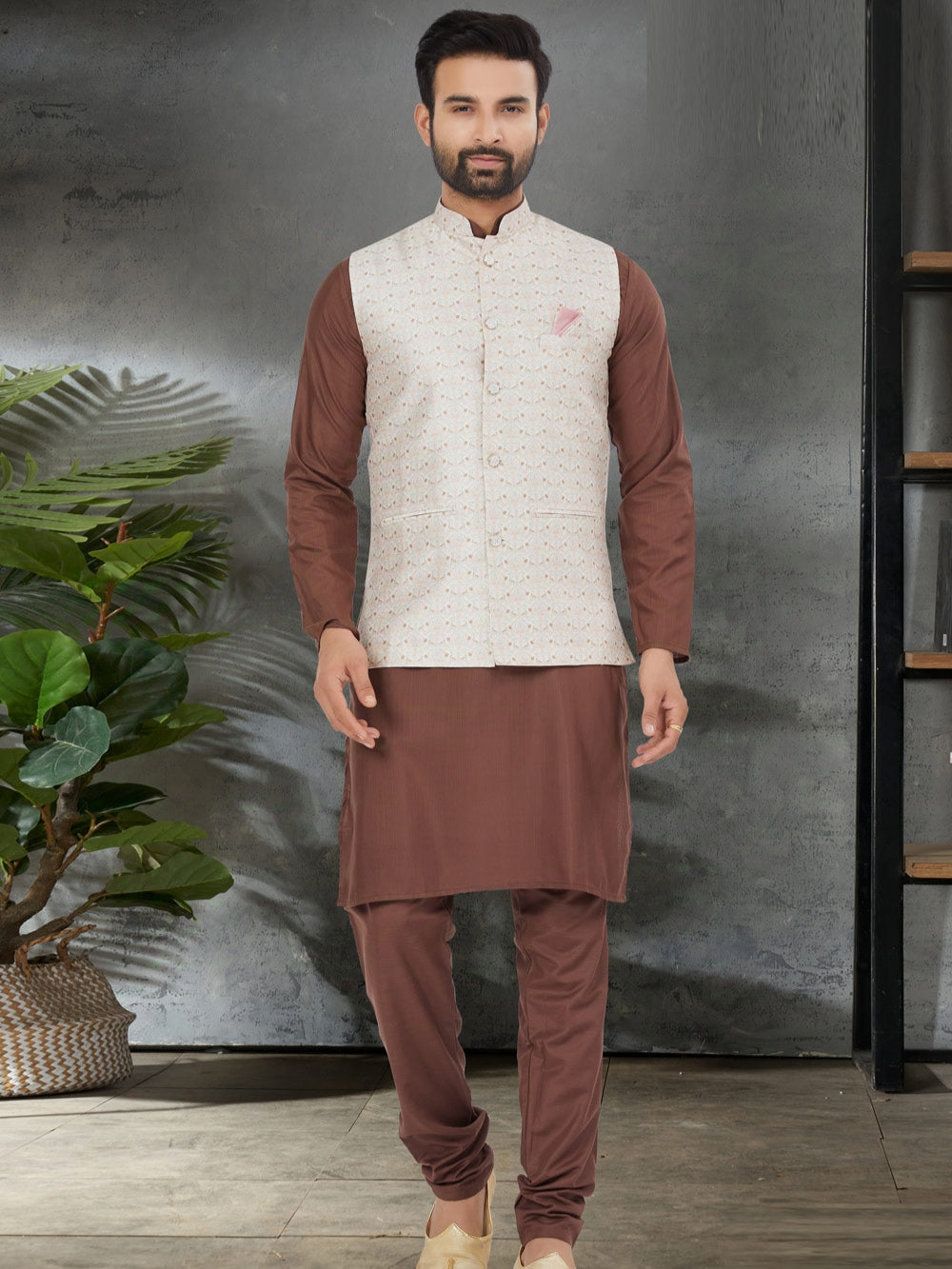 Rich Brown Kurta Pajama and Digital Printed Silk Nehru Jacket Set