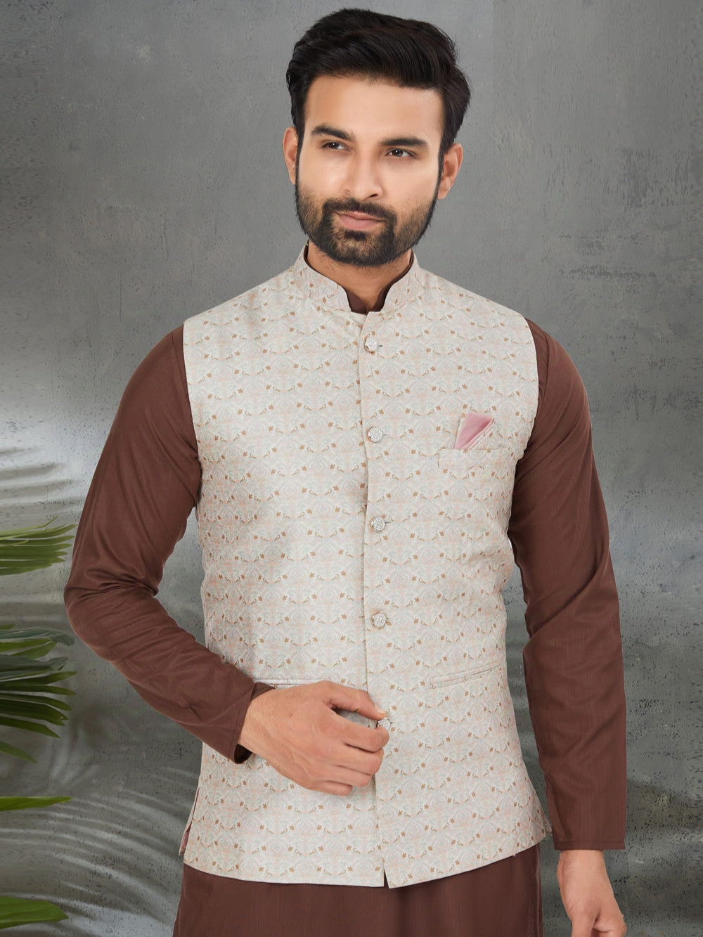 Rich Brown Kurta Pajama and Digital Printed Silk Nehru Jacket Set