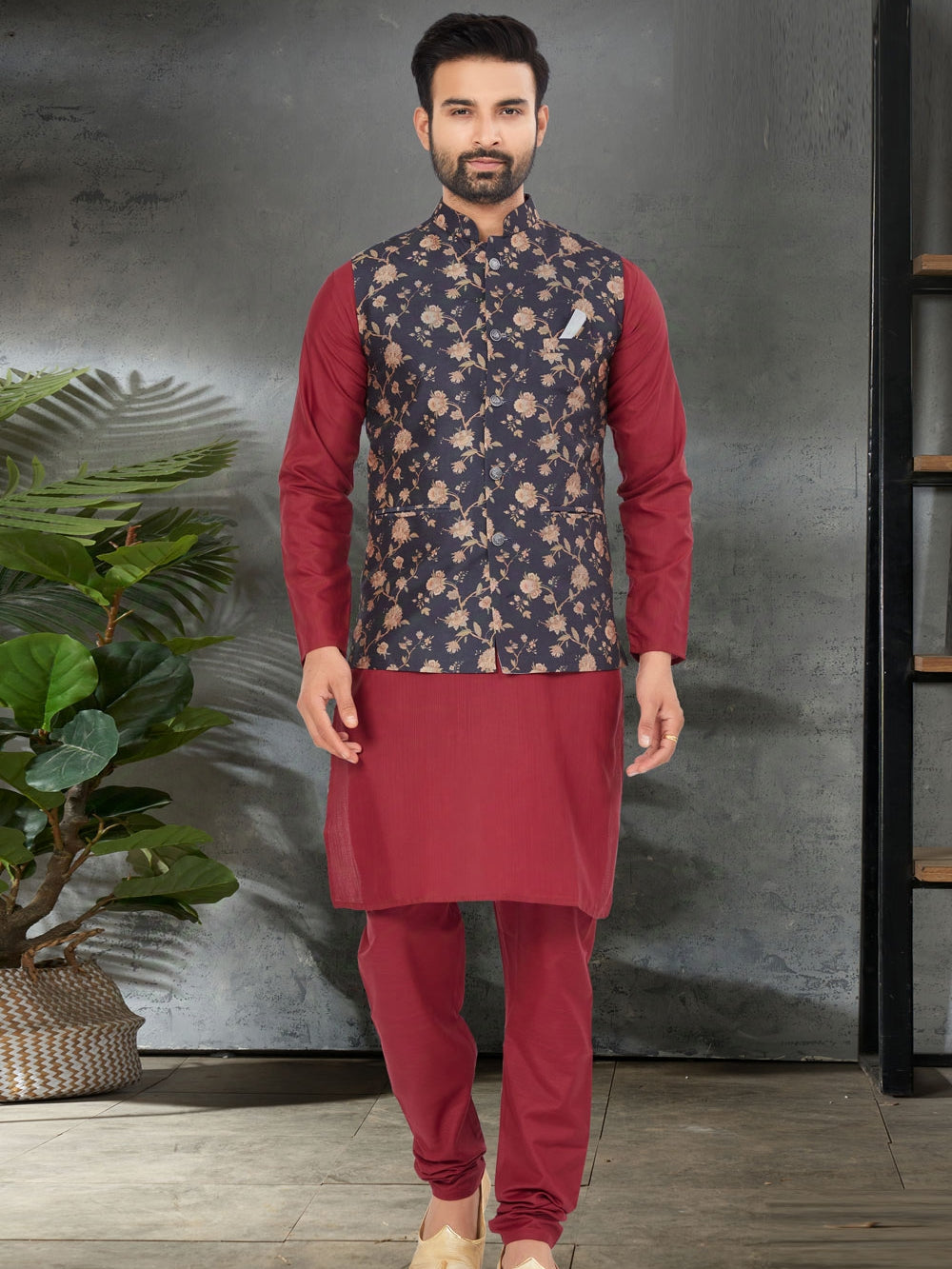 Maroon Kurta Jacket Set with Digital Printed Silk Jacket