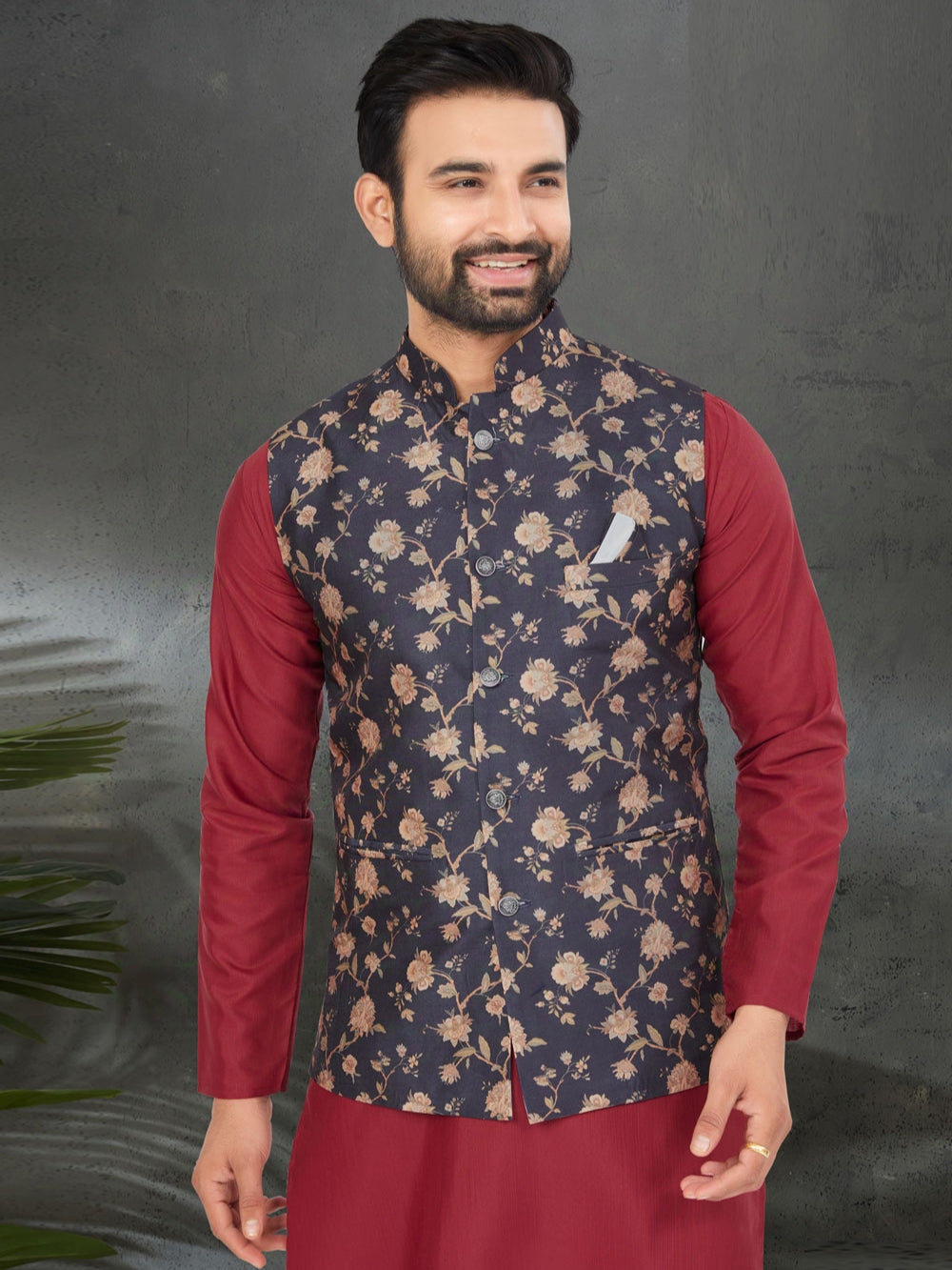 Maroon Kurta Jacket Set with Digital Printed Silk Jacket