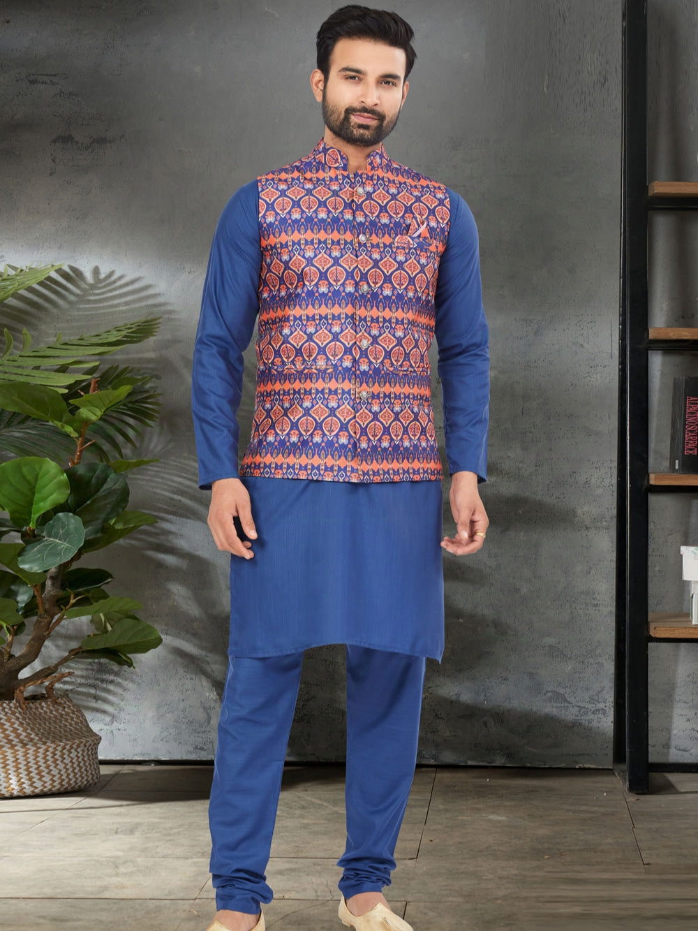 Royal Blue Kurta Jacket Set with Digital Printed Silk Jacket