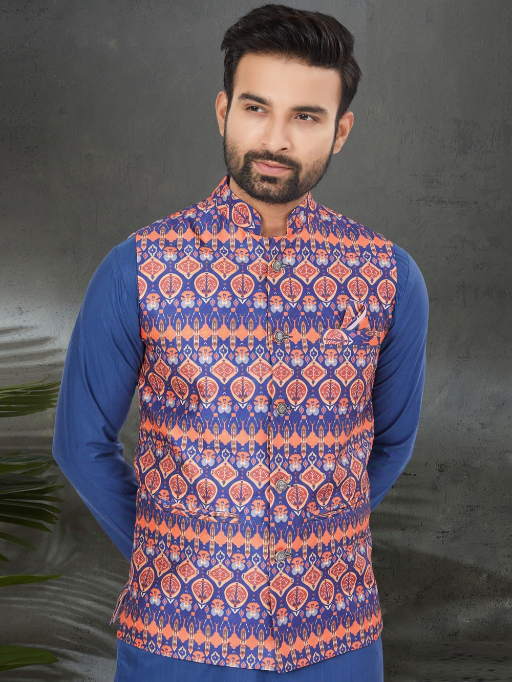 Royal Blue Kurta Jacket Set with Digital Printed Silk Jacket