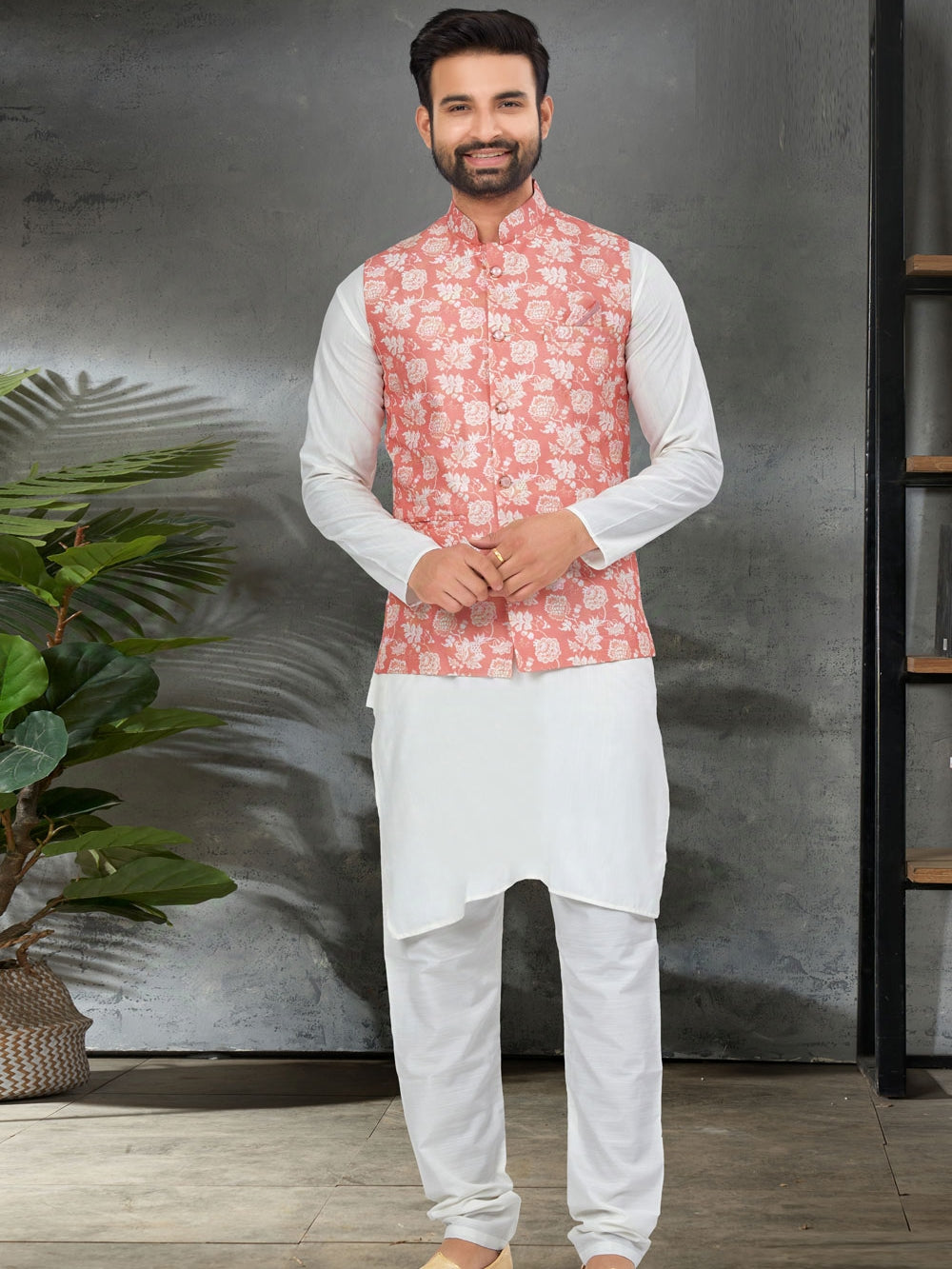 White Kurta Jacket Set with Pink Digital Printed Silk Jacket