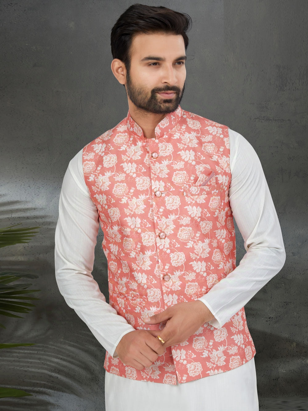 White Kurta Jacket Set with Pink Digital Printed Silk Jacket