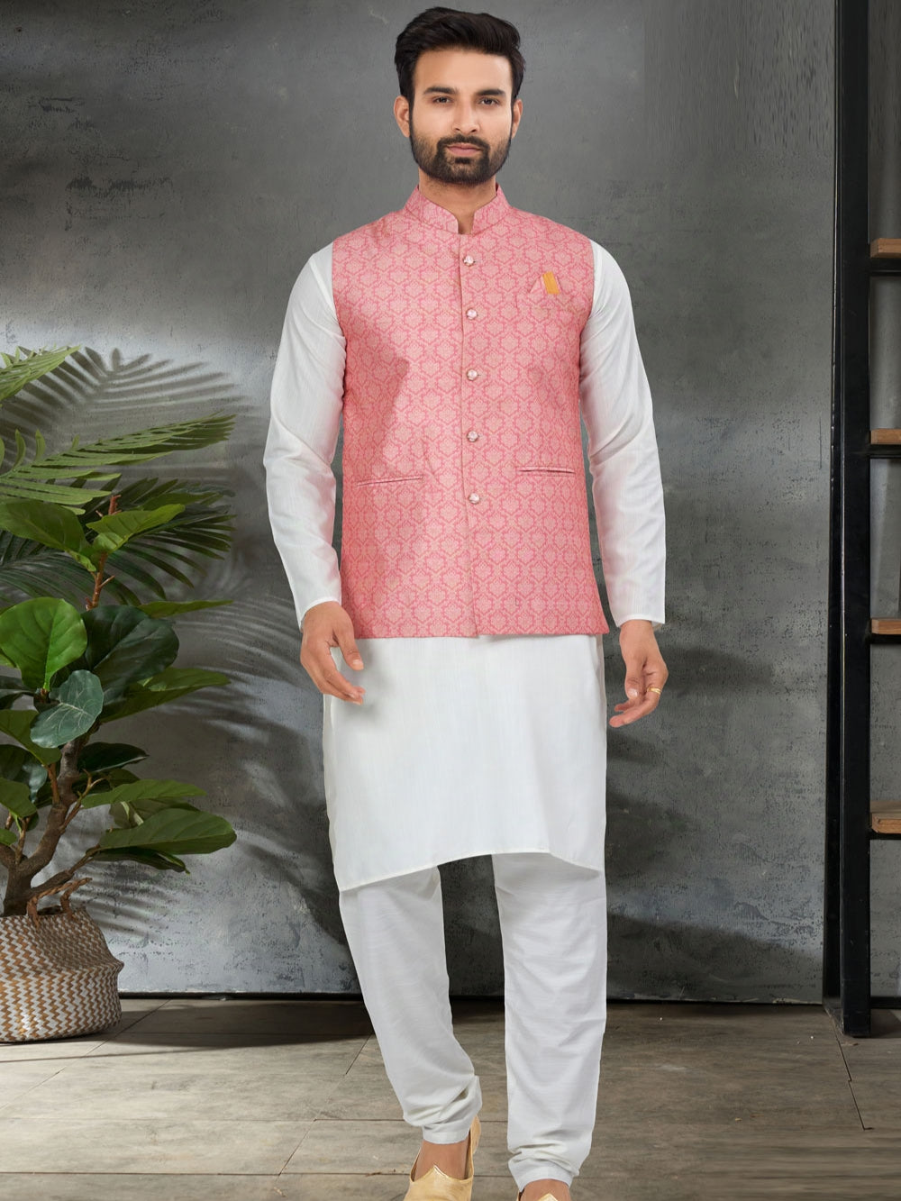 White Kurta Jacket Set with Coral Pink Digital Printed Silk Jacket