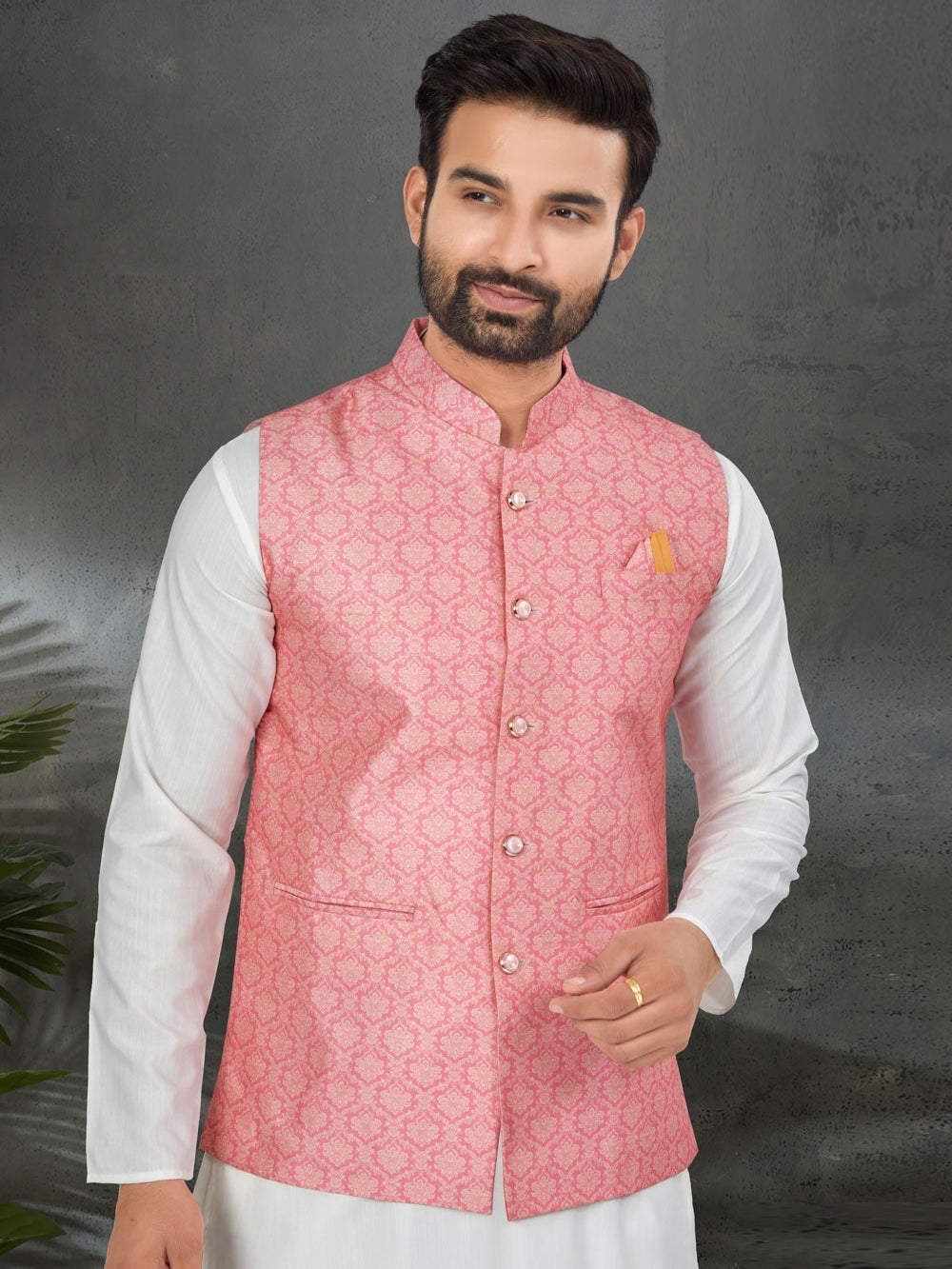 White Kurta Jacket Set with Coral Pink Digital Printed Silk Jacket