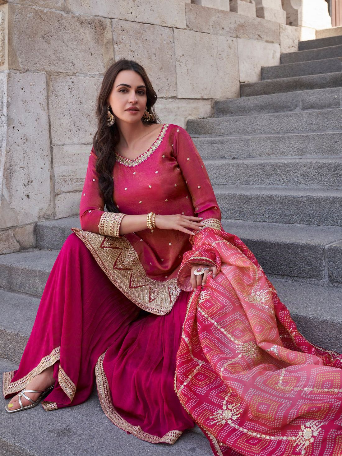 Wine Pink Embroidered Premium Silk Sharara Suit