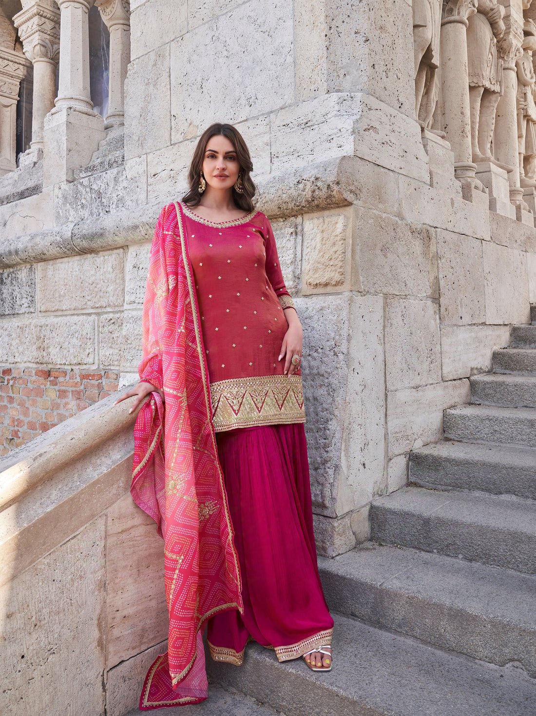 Wine Pink Embroidered Premium Silk Sharara Suit