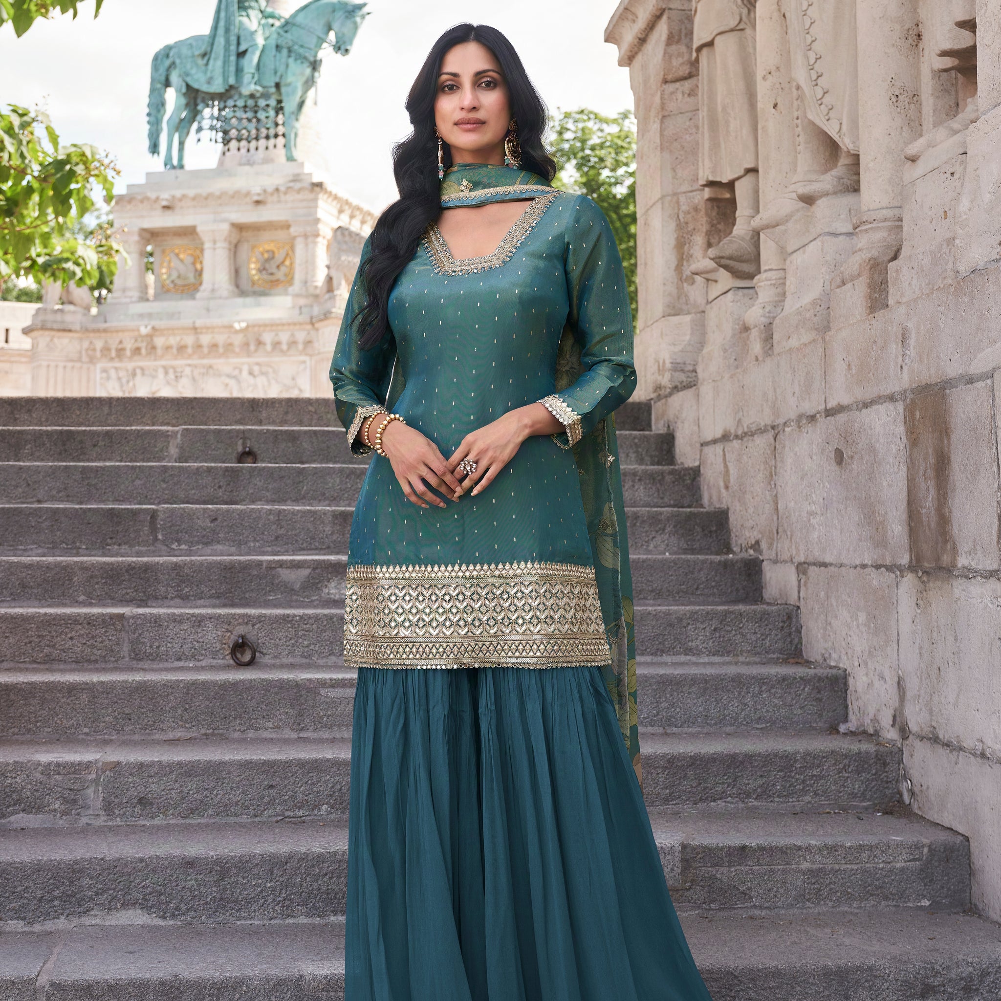 Teal Green Chinon Silk Embroidered Sharara Suit