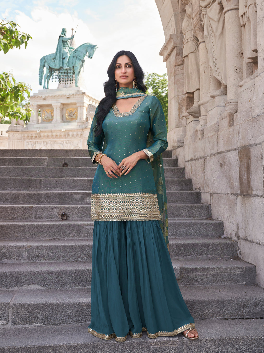 Teal Green Chinon Silk Embroidered Sharara Suit