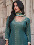 Teal Green Chinon Silk Embroidered Sharara Suit