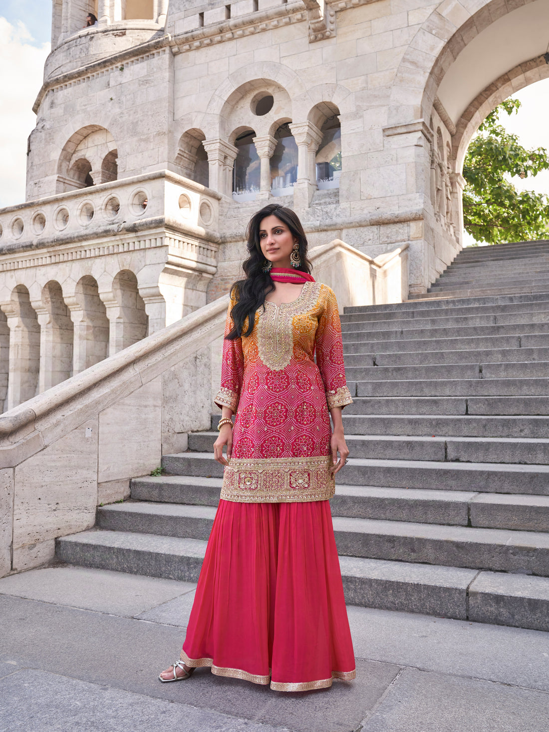 Magenta Pink Embroidered Premium Silk Sharara Suit