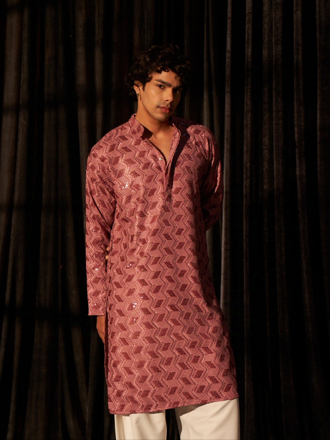 Dusty Pink Men's Kurta with Chikankari Embroidery and Art Silk Bottom