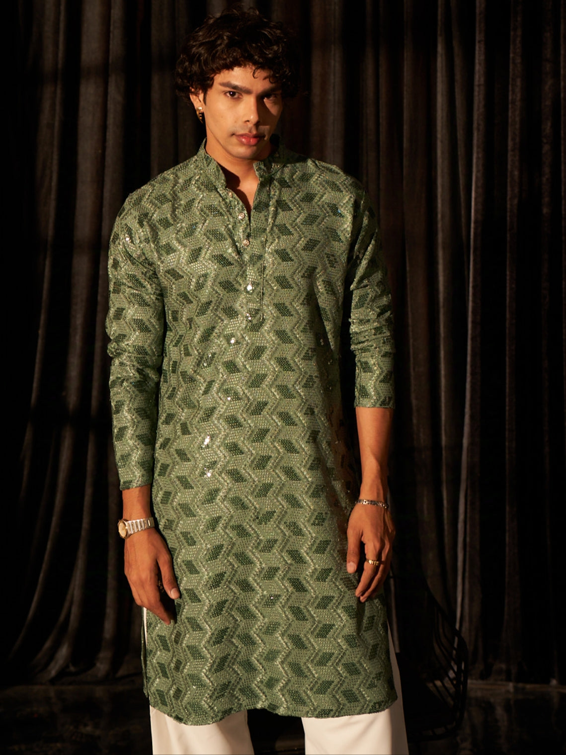 Forest Green Men's Viscose Kurta with Chikankari Embroidery