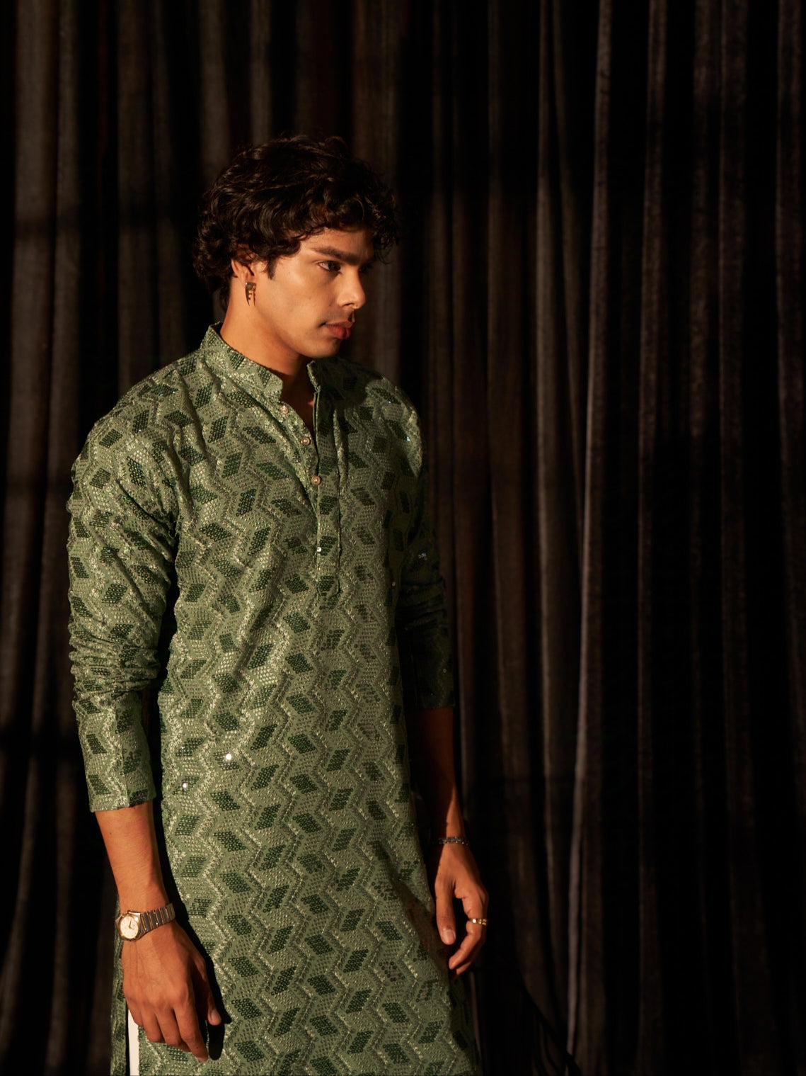 Forest Green Men's Viscose Kurta with Chikankari Embroidery