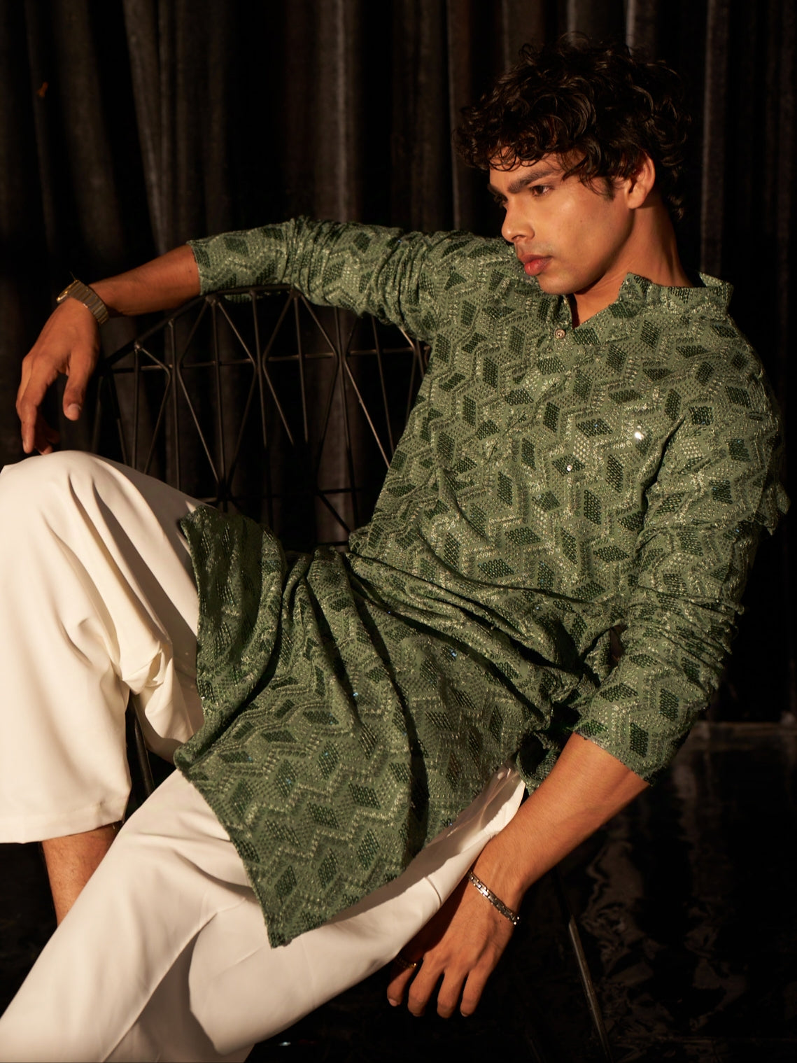 Forest Green Men's Viscose Kurta with Chikankari Embroidery