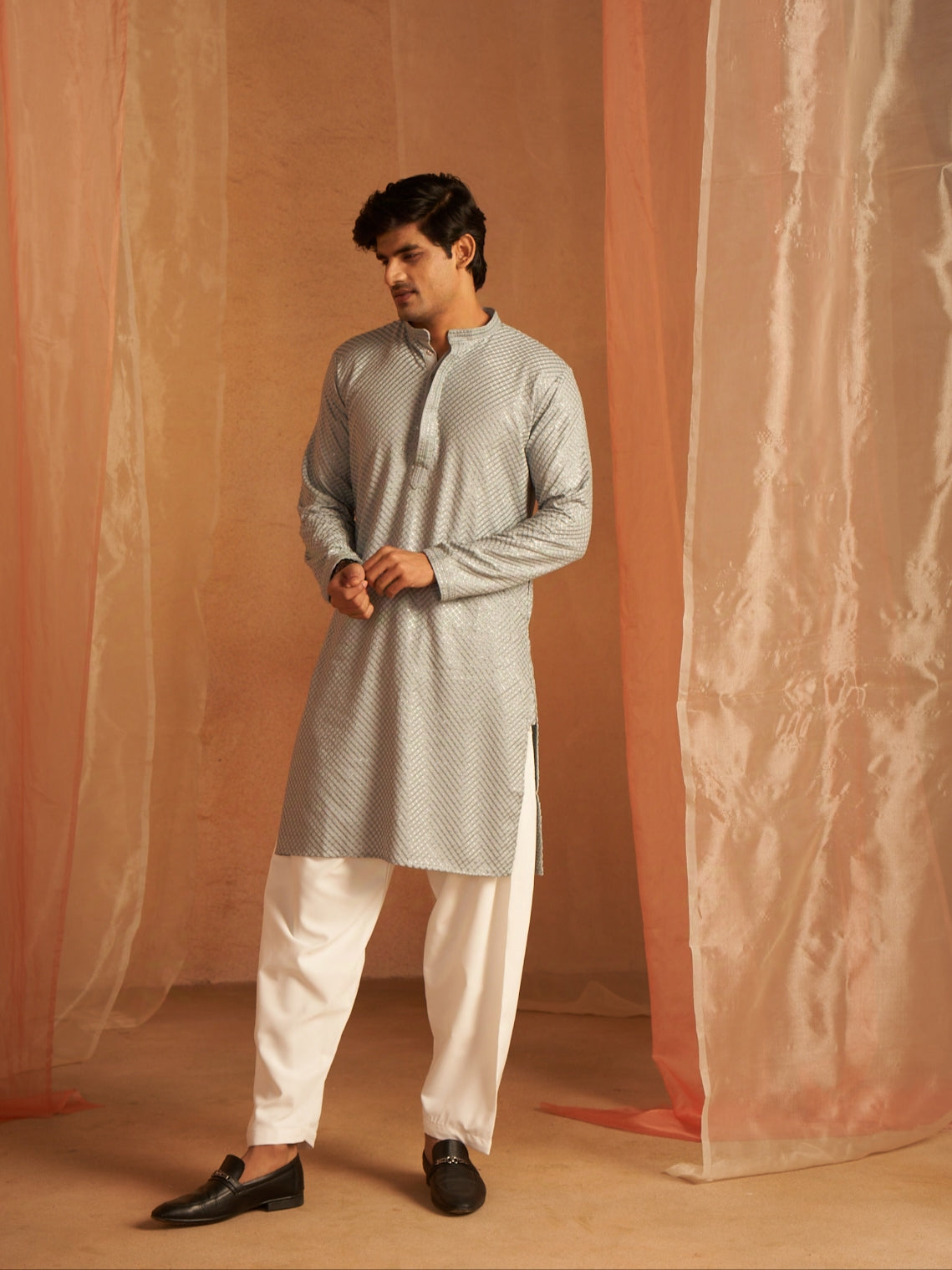 Blue Men's Kurta with Chikankari Embroidery and Art Silk Bottom