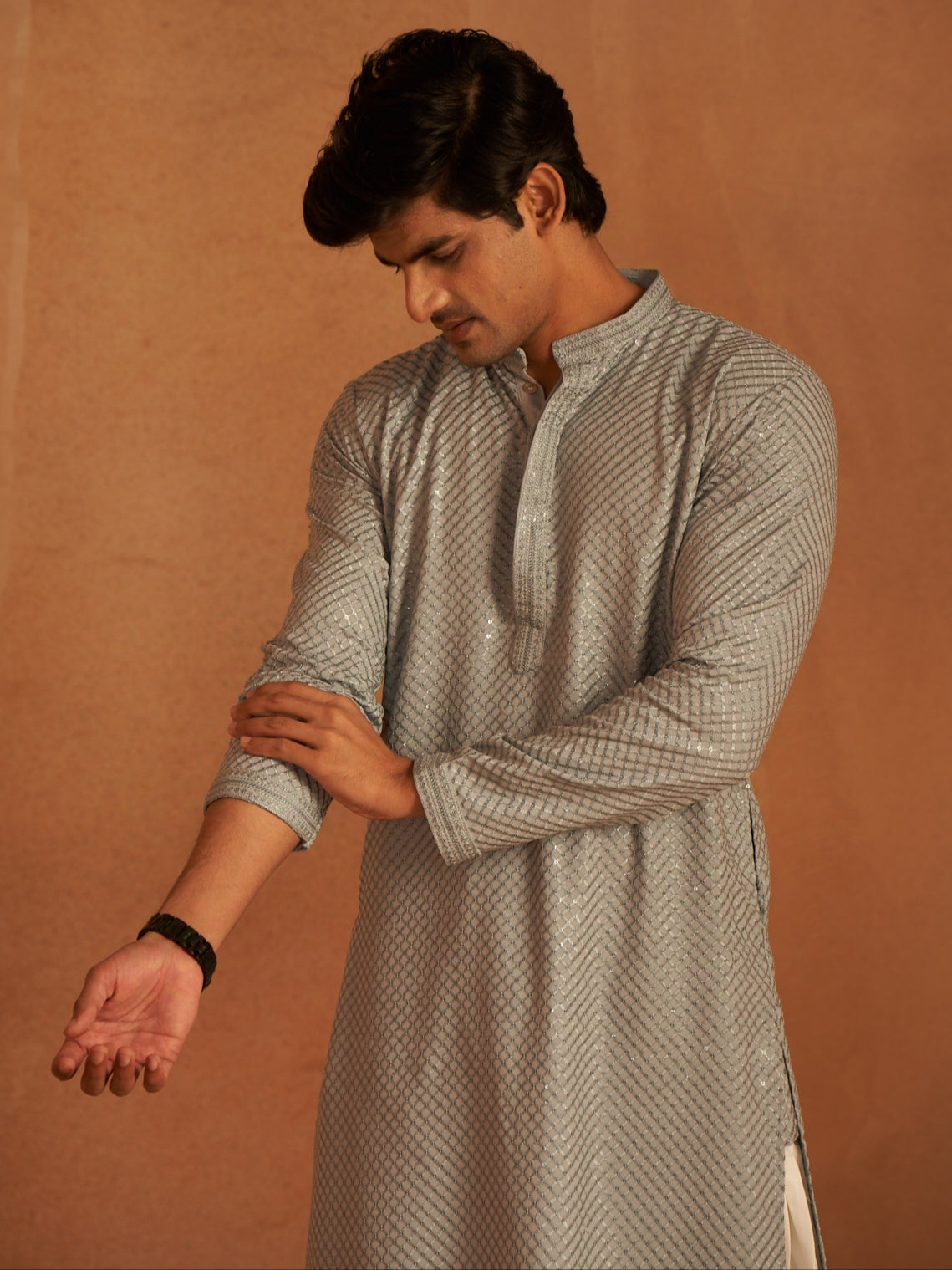 Blue Men's Kurta with Chikankari Embroidery and Art Silk Bottom