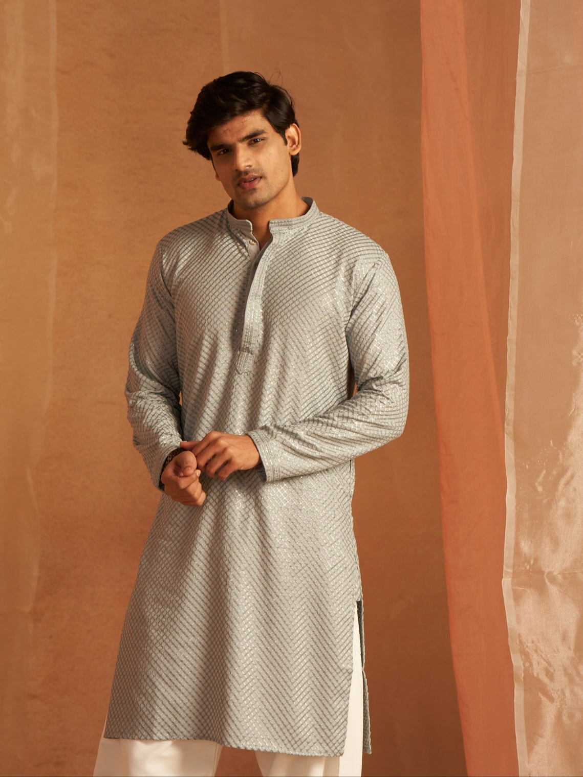 Blue Men's Kurta with Chikankari Embroidery and Art Silk Bottom