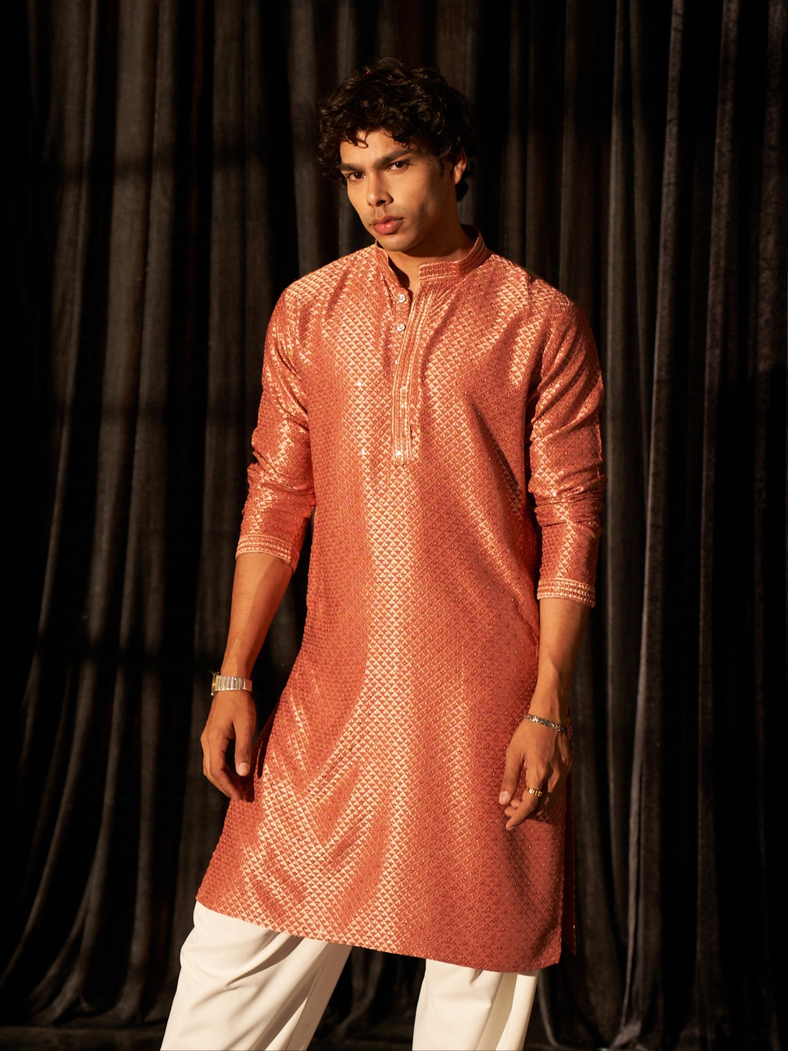 Rust Orange Men's Kurta with Elegant Chikankari Embroidery