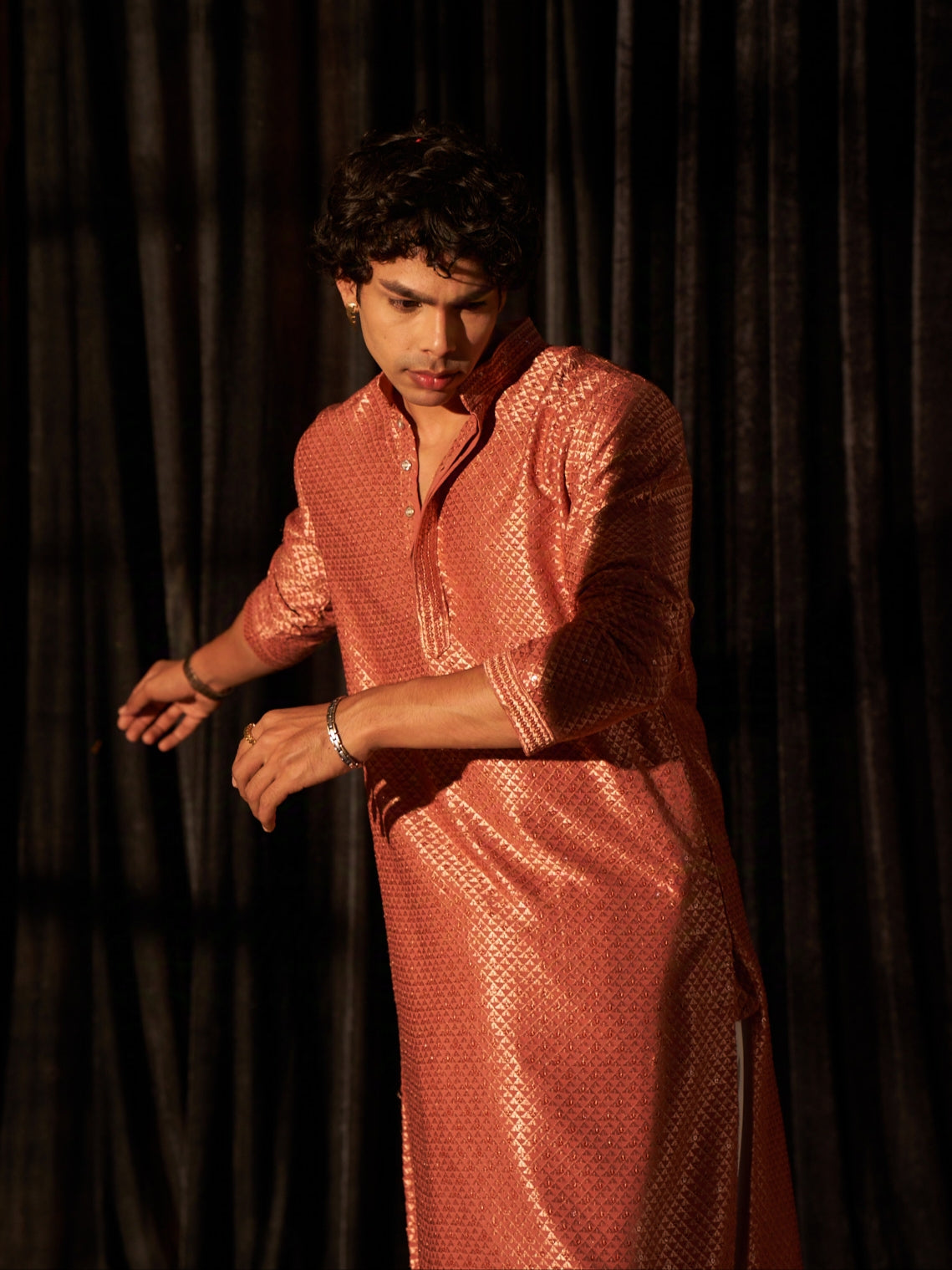 Rust Orange Men's Kurta with Elegant Chikankari Embroidery