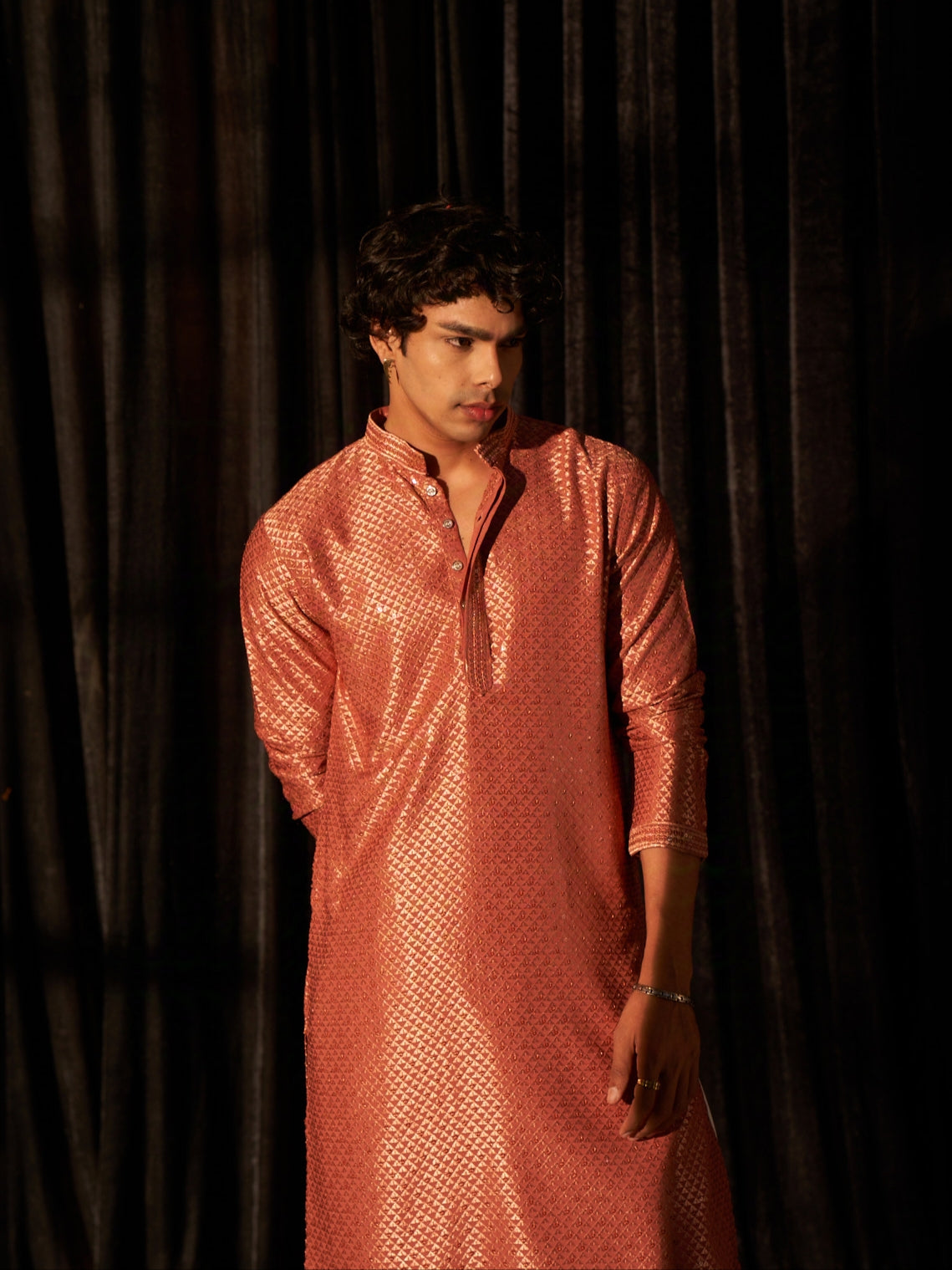 Rust Orange Men's Kurta with Elegant Chikankari Embroidery