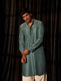 Teal Blue Men's Kurta with Chikankari Embroidery and Art Silk Bottom