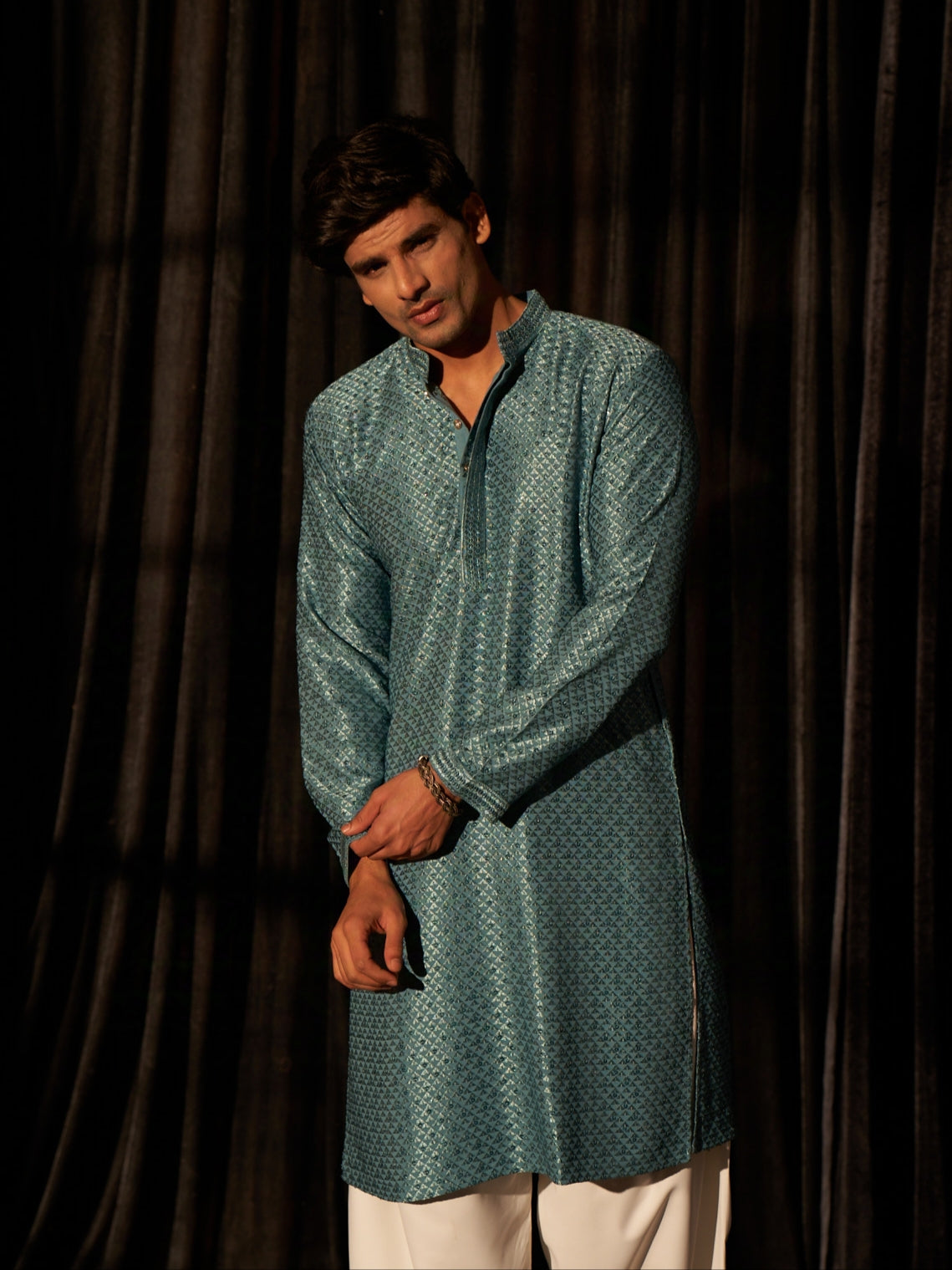 Teal Blue Men's Kurta with Chikankari Embroidery and Art Silk Bottom