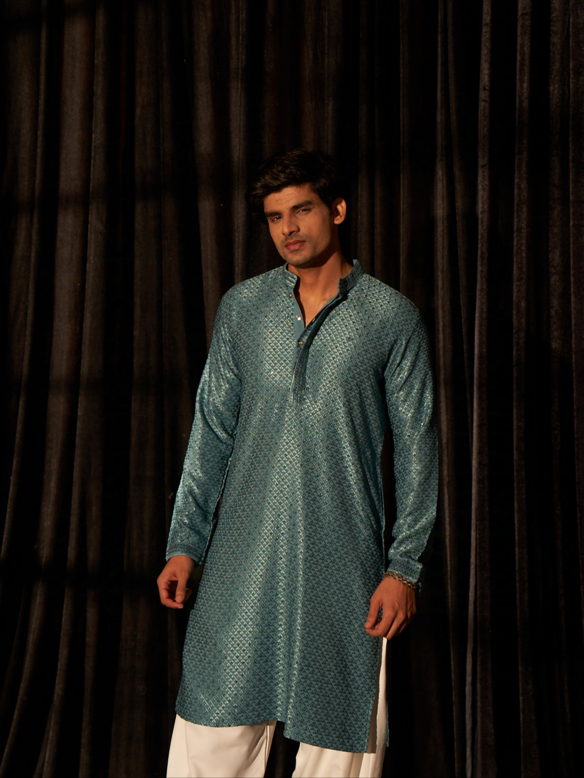 Teal Blue Men's Kurta with Chikankari Embroidery and Art Silk Bottom