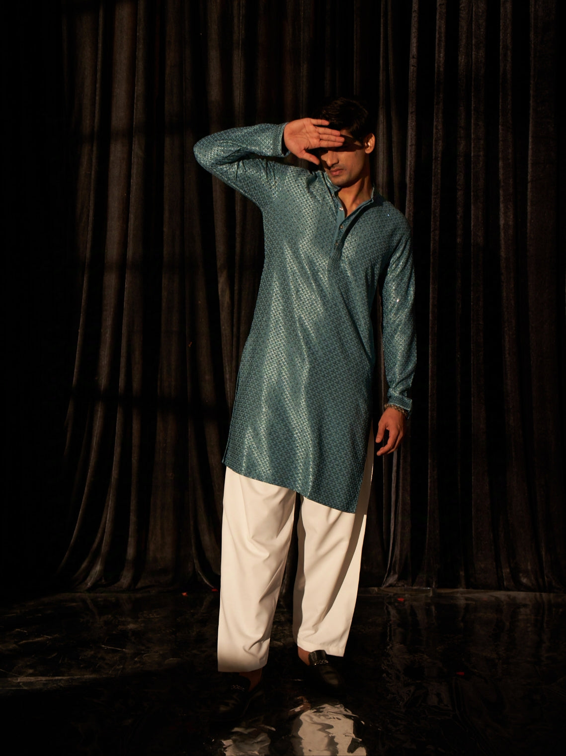 Teal Blue Men's Kurta with Chikankari Embroidery and Art Silk Bottom