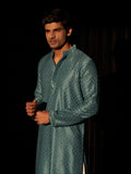 Teal Blue Men's Kurta with Chikankari Embroidery and Art Silk Bottom