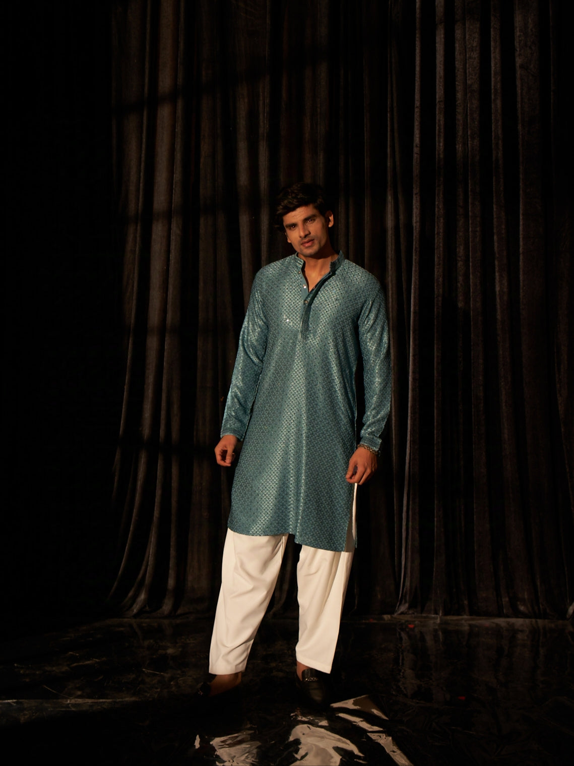 Teal Blue Men's Kurta with Chikankari Embroidery and Art Silk Bottom